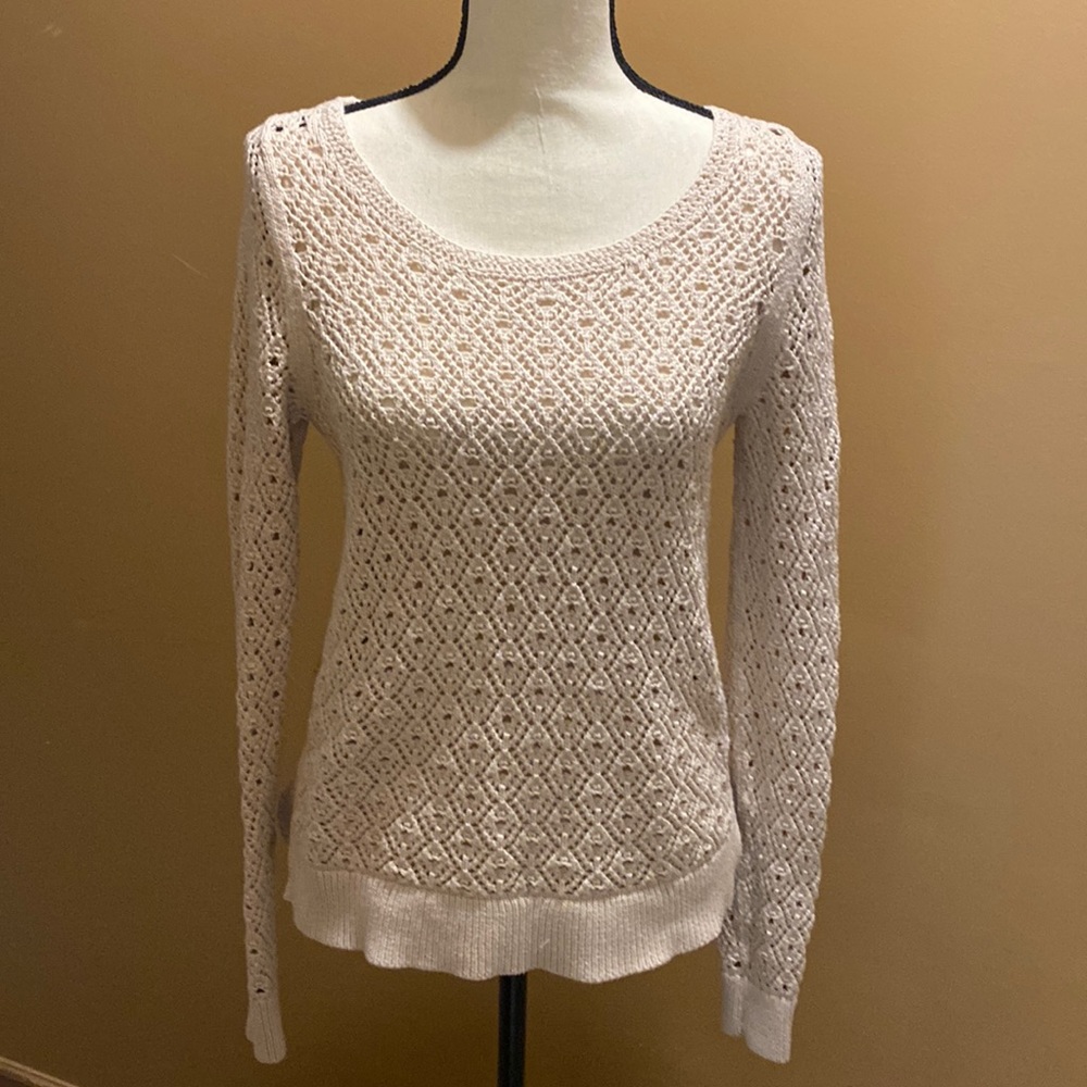 Woman’s Ann Taylor Loft beige crochet knit long sleeve sweater sz S